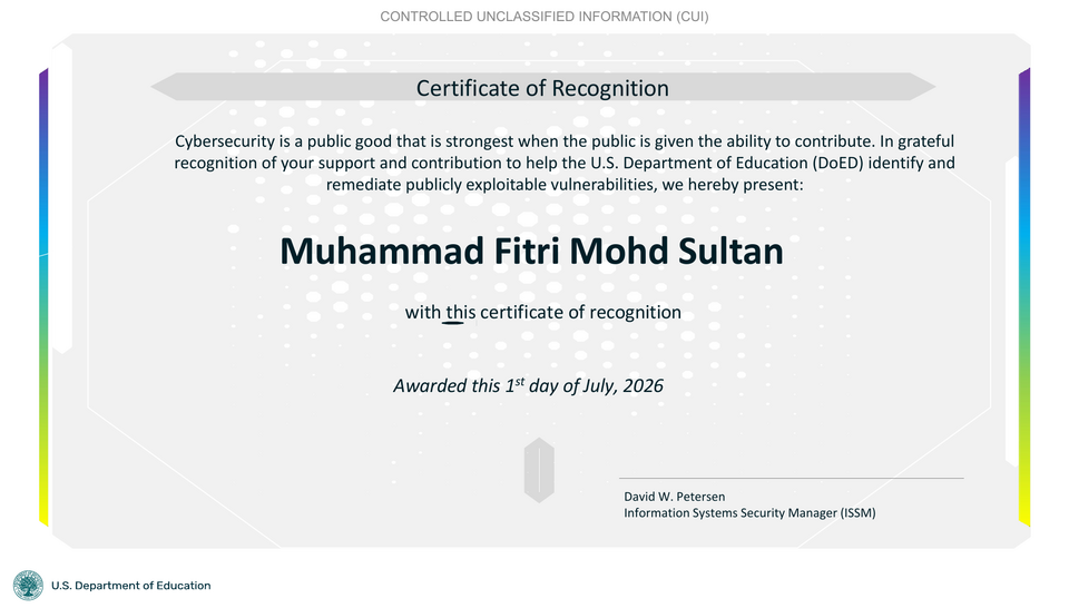 U.S. Department of Education Certificate of Recognition