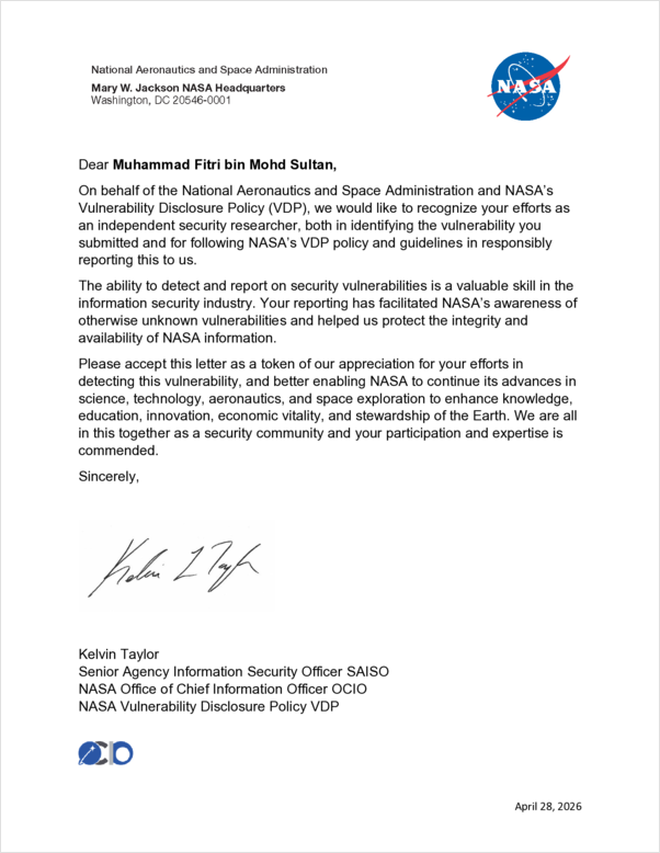NASA Letter of Recognition